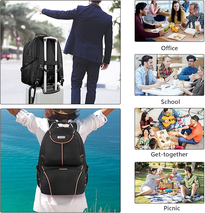 VECKUSON Lunch Bag Backpack, Insulated Cooler Lunch Box, Extra Large 17.3 inch Laptop Backpack with USB Port for Women and Men, Orange