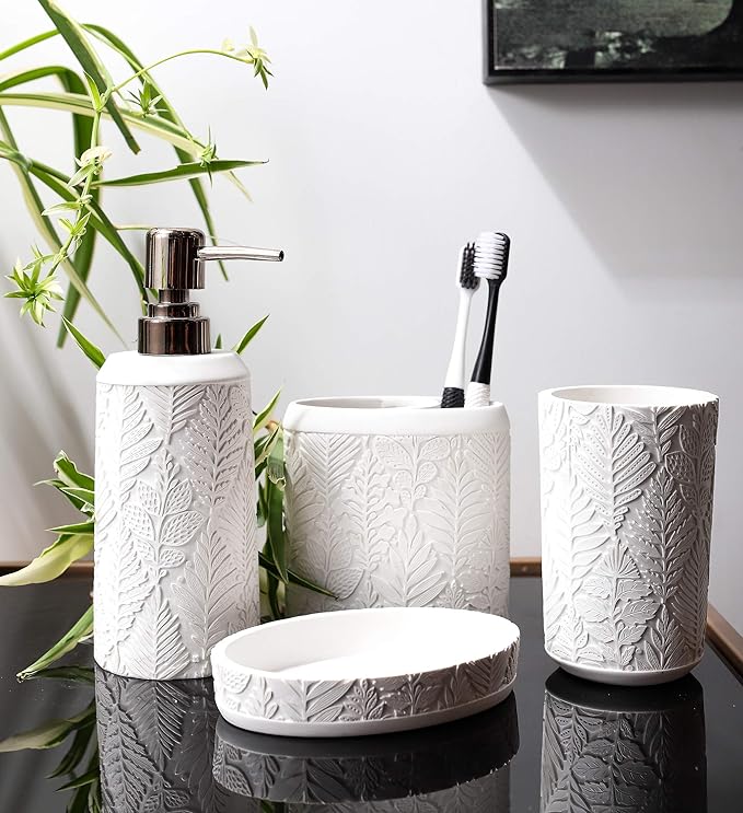 Hymmah Bathroom Accessories Set,Toothbrush Holder,Farmhouse Decor,4 Pcs Resin Gift Apartment Necessities, Contain Toothbrush Cup,Soap Dispenser & Dish,Tumbler