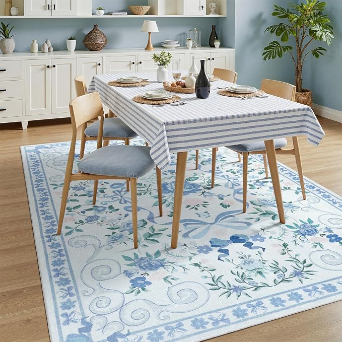 DCX Washable 4x6 Bow Rug, Blue Floral Rug for Girls’ Bedroom, Cute Soft Low Pile Indoor Décor Carpet, Kid & Pet Friendly Nursery Rug for Living Room, Dorm, Playroom