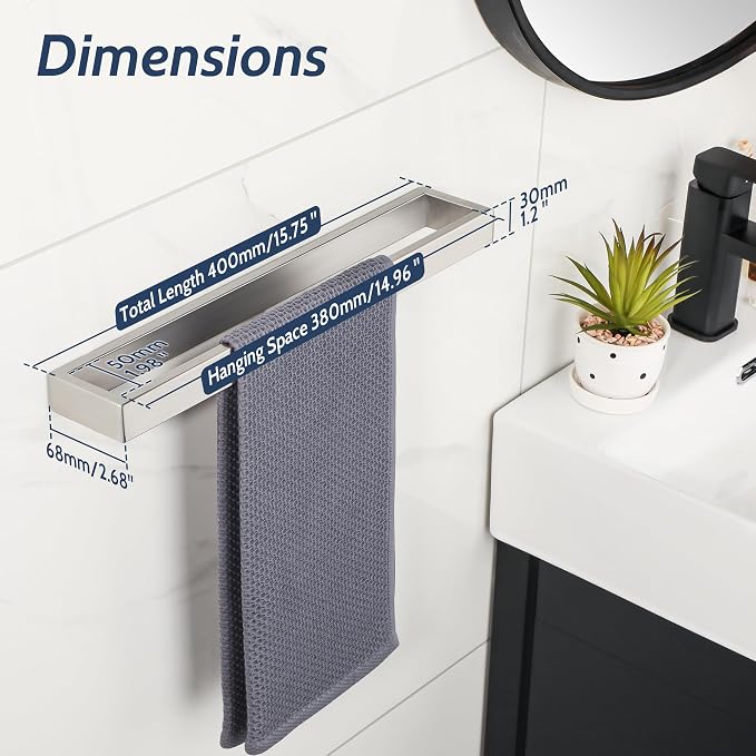 Sayayo Brushed Nickel Towel Bar for Bathroom, 16 Inch Hand Towel Holder Wall Mount Square Towel Ring SUS304 Stainless Steel Towel Rack