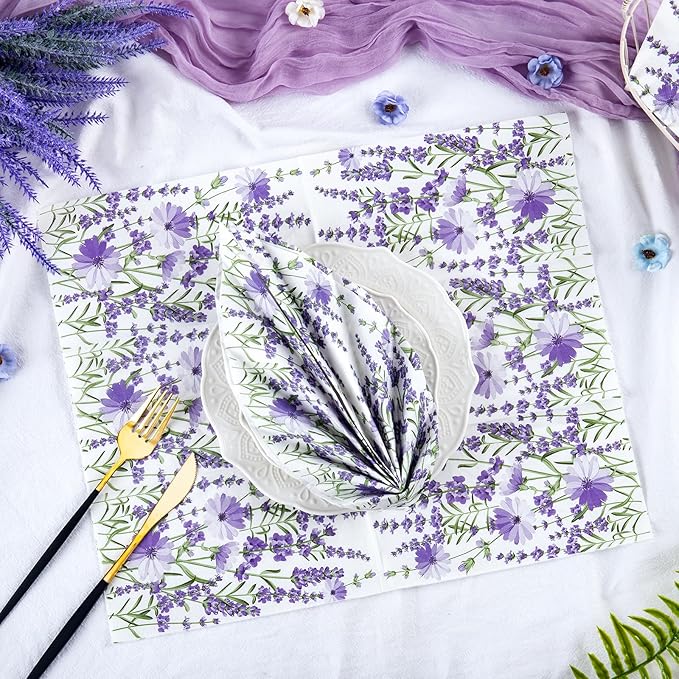 Homlouue Purple Lavender Floral Napkins, 100PCS 3 Ply Guest Towels Disposable Bathroom, Floral Paper Napkins Disposable, Flower Paper Napkins Decorative for Spring Summer Fall Party Decorations