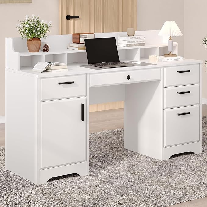 Executive Desk with Hutch, 58 Inch White Computer Desk with 5 Drawers, Home Office Desk with Storage, Rustic Desk with Adjustable Shelves and Storage Cabinet for Bedroom