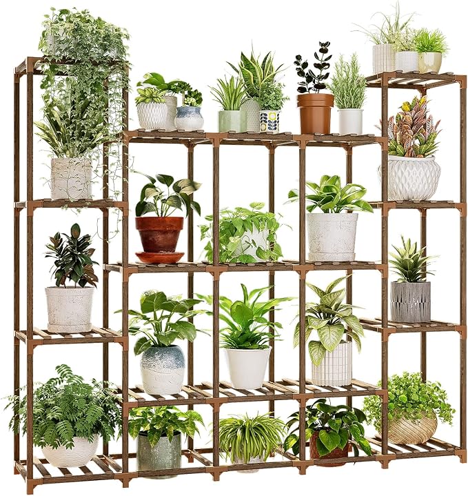 Bamworld Large Plant Shelf Indoor Plant Shelf Outdoor Tall Wood Plant Holder for Living Room Multiple Plants Patio Balcony Garden 17 Pots