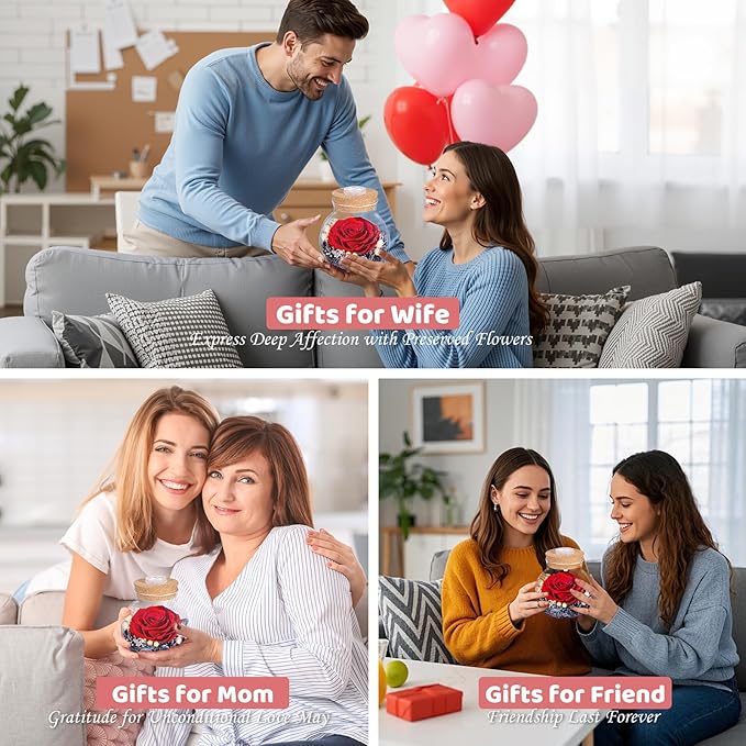 Christmas Birthday Gifts for Women Mom Preserved Rose Eternal Forever Flower in Glass Wishing Bottle with Colorful LED Light Flowers for Delivery Prime for Grandma Wife Sister Friend from Daughter Red