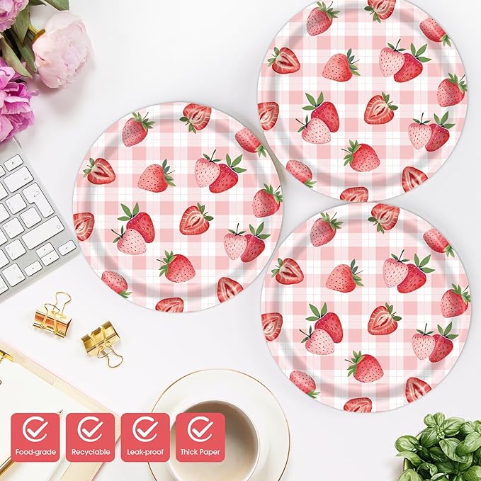 40 Pcs Strawberry Plates and Napkins Party Supplies, Pink Gingham Disposable Paper Plates and Napkins Tableware Set for Strawberry Shortcake Baby Shower Birthday Party Decorations