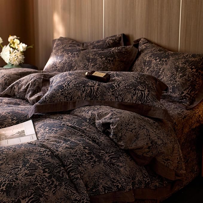mixinni Duvet Cover Set King, Vintage Opulence Yarn-Dyed Jacquard Double-Layer Cotton Comforter Cover with Wide Corner Design, Retro Art Pattern Bedding Set with 2 Pillowcases for Men & Women