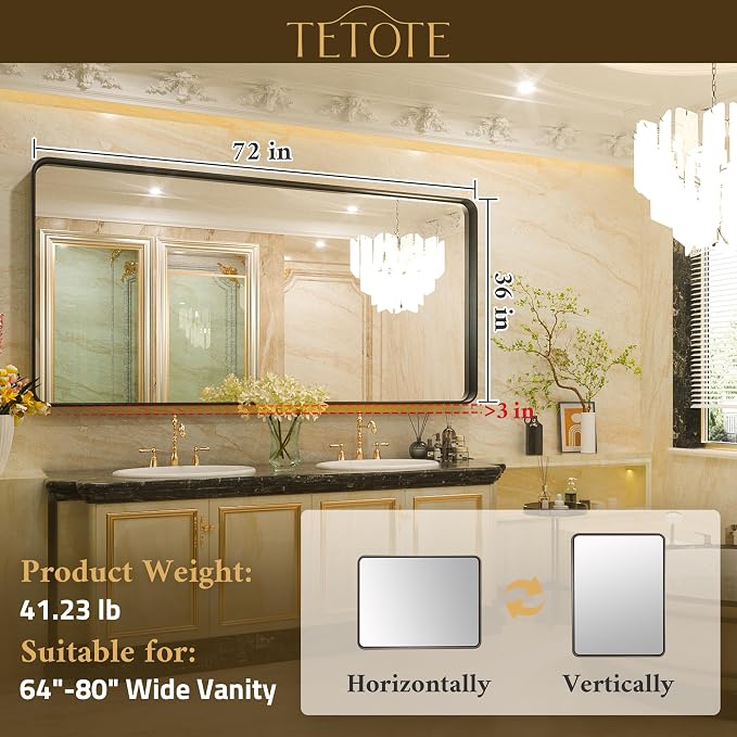 TETOTE 72 x 36 Inch Black Bathroom Mirror, Rectangle Matte Metal Frame Wall Mounted Mirror, Modern Farmhouse Round Corner Large Mirrors for Double Vanity (Horizontal/Vertical)