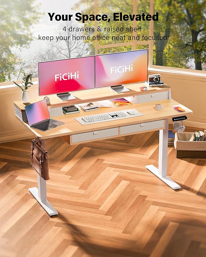 FiCiHi Adjustable Height Standing Desk with 4 Drawers,55 x 24 inches Electric Sit Stand Home Office Desk with Two Tiers, 3 Memory Presets, Monitor Stand Riser, C-Clamp Mount Compatible