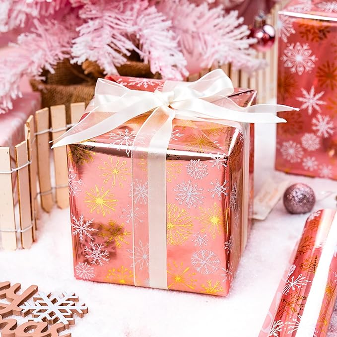 MAYPLUSS Pink Christmas Wrapping Paper Roll - 17IN X 33FT - Christmas Gift Wrapping Paper Featuring Gold and White Snowflake Reversible HO for Kids, Holiday, New Year