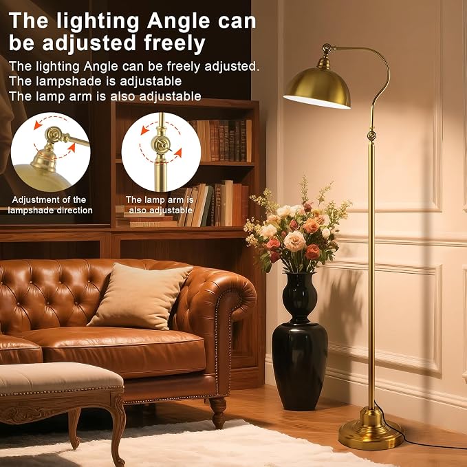 Bright LED Reading Floor Lamp with Remote and Bluetooth Dimming,Adjustable Brightness and Color temperature, Brass Gold Brushed Iron Lampshade,59" Modern Standing Lamp for Living Room Bedroom Office