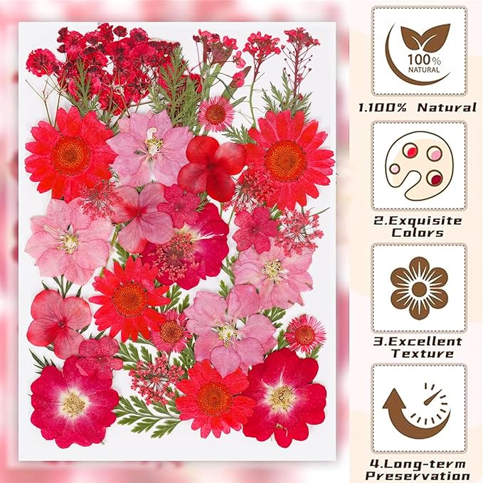 37Pcs Red Dried Pressed Flowers Natural Dried Flowers for Resin,Real Pressed Flowers for Crafts,Dry Flowers for Resin Molds DIY Scrapbookin Candle Jewellery Making
