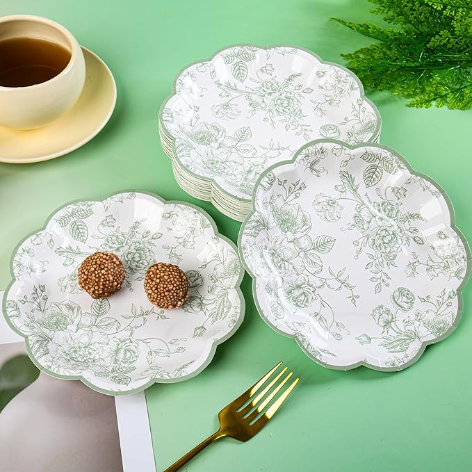 Green Floral Party Plates Vintage Floral Leaf Disposable Paper Plates Wildflower Sage Green Toile 7" Scalloped Rim Dessert Plates for Christmas Birthday Bridal Tea Party Supplies (24)
