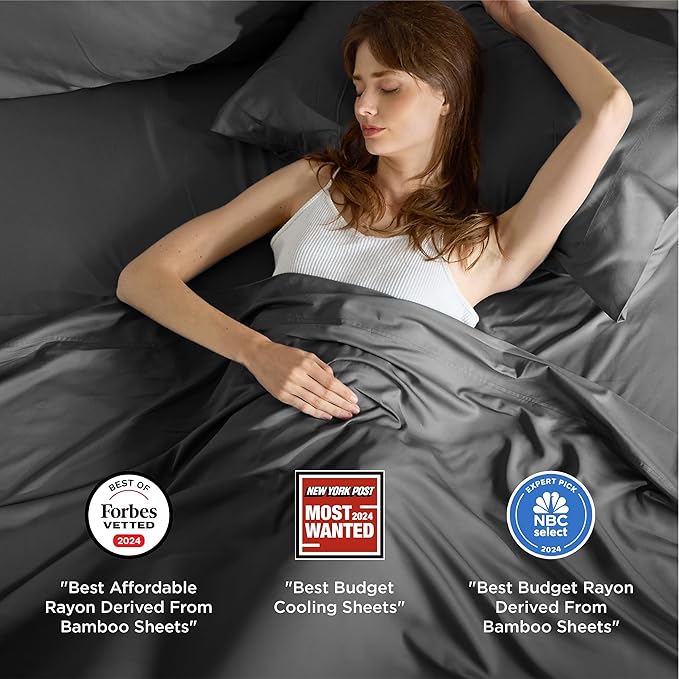 Bedsure Queen Sheet Set, Rayon Derived from Bamboo, Cooling Sheets, Breathable & Soft, Deep Pocket Up to 16 Inches, Hotel Luxury Silky Bedding for Hot Sleepers, Grey