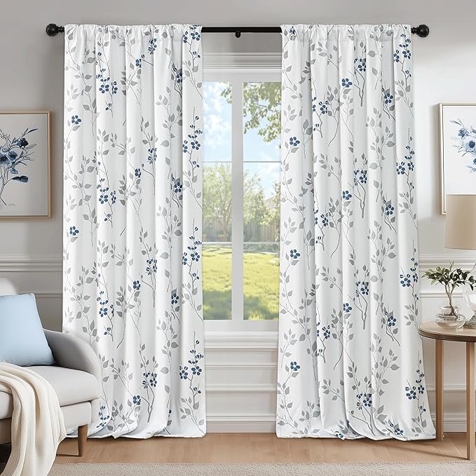 Beauoop Floral 100% Blackout Curtains 96 Inches Long 2 Panels for Bedroom Living Room Blue Grey and White Flower Patterned Room Darkening Thermal Soundproof Rod Pocket Back Tab Window Drapes, 52X96