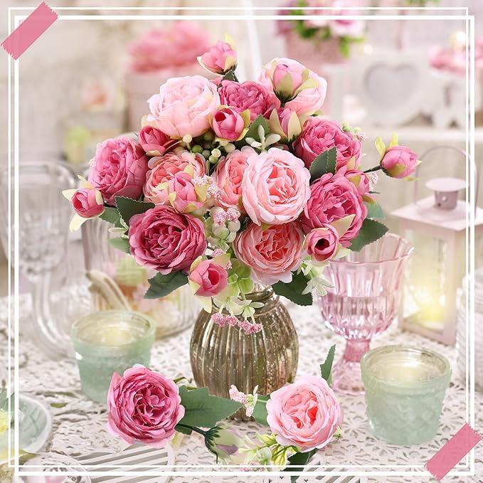 16 Bundles Artificial Peonies Silk Peonies Faux Flower Bouquet Fake Peony Flower Arrangements Table Centerpieces for Vase Wedding Party Boho Home Office Decoration Bulk (Rose Red, Pink)