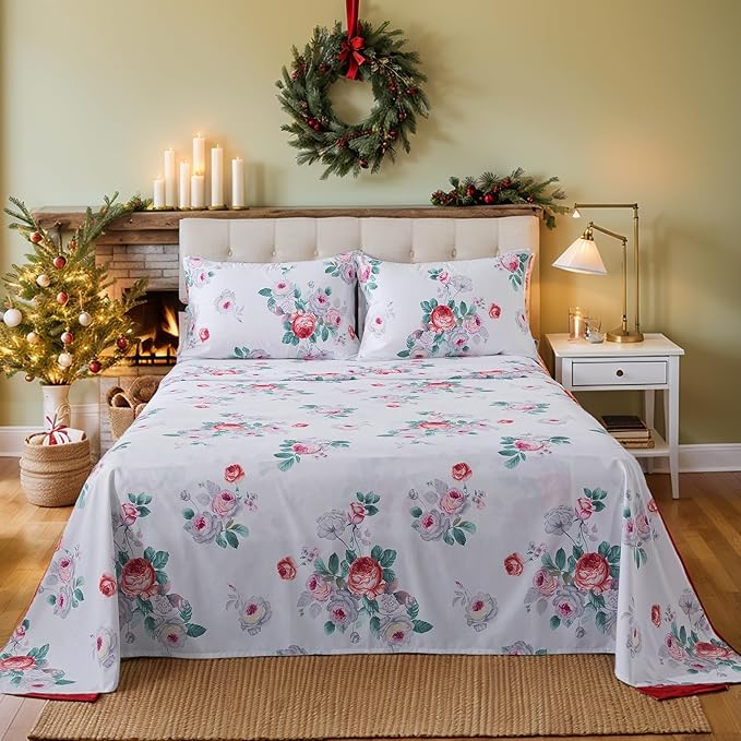 FADFAY Red Vintage Peony Floral Queen Size Sheets Set 100% Brushed Cotton Shabby Purple Rose Pattern Bedding Set Deep Pocket Sheets with 2 Pillowcases Luxury Breathable Soft 4pcs, Queen Size