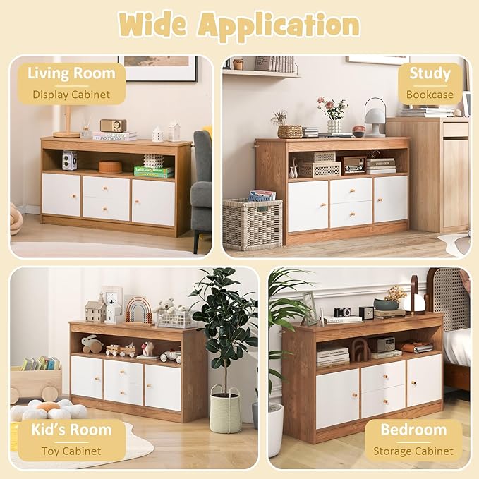 HONEY JOY Kids Toy Storage Organizer, Wooden Floor Storage Cabinet Toy Chest w/Open Shelf, 2 Drawers & 2 Cubbies, Kids Display Bookshelf for Classroom, Playroom & Nursery, Kindergarten (Natural)