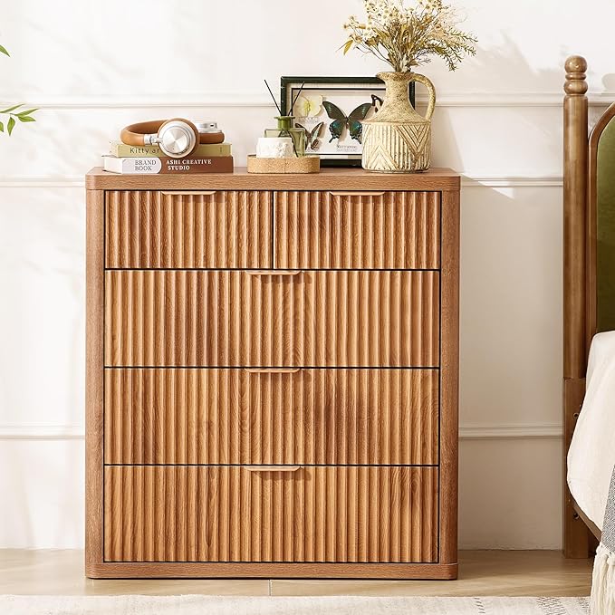 LEYAOYAO Fluted 5 Drawers Dresser for Bedroom Set of 2, 34" Tall Modern Chest of Drawers with Metal Handle, Curved Profile Design,Brown Wood Drawer Organizer for Bedroom, Living Room, Hallway