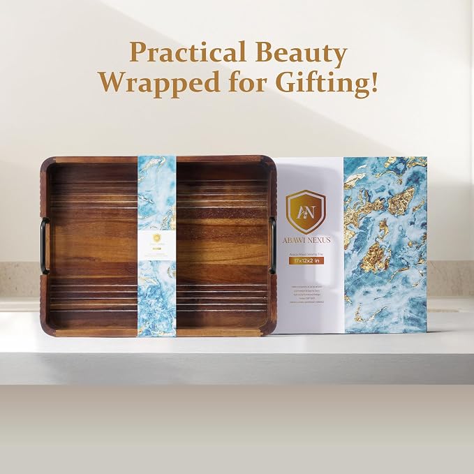 Acacia Wood Serving Tray with Metal Handles, 17x13in, Decorative Coffee Table Tray & Ottoman Tray, Anti-Slip Pads, Dark Wood Tray for Breakfast in Bed, Bar Tray, Gift Box