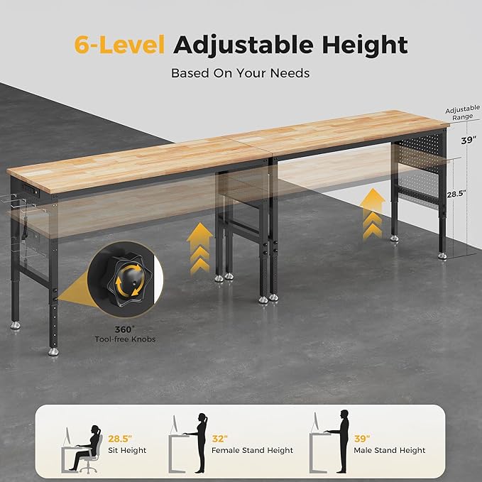 120" Adjustable Heavy Duty Workbench, 2000 LBS Load Capacity Rubber Wood Work Table with Pegboard, Power Outlets, Work Bench for Garage, Workshop, Office, Home, Commercial, Ships in 2 Boxes