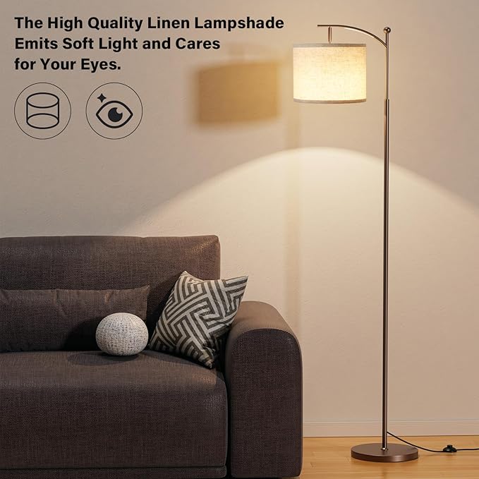 Ambimall 60" Floor Lamp for Living Room with 3 Color Temperatures, Adjustable Beige Shade with Brown Pole, Tall Lamp for Bedroom Office Classroom Dorm Room, 9W Bulb Included