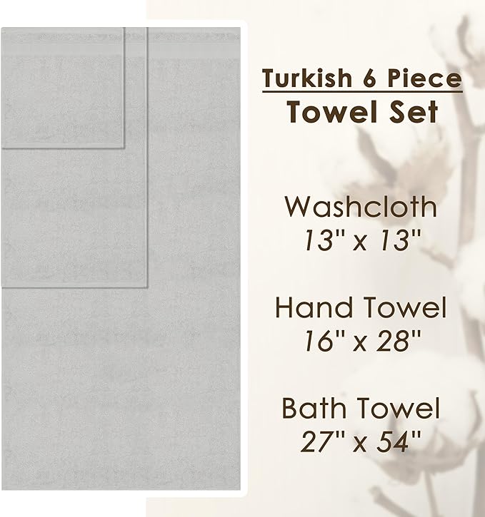 Cotton Paradise Towel Set of 6, 2 Bath Towels, 2 Hand Towels and 2 Washcloths Towels for Bathroom Sets, Platinium Grey
