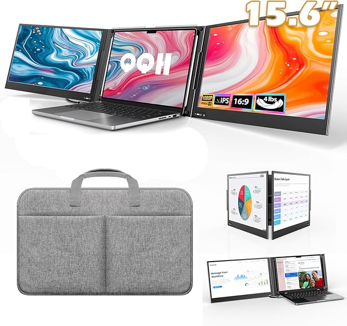 QQH 15.6" Laptop Screen Extender, 1080P Triple Portable Monitor for Laptop with Ultra-Slim IPS Display, USB-C Plug and Play Extended Screen Compatible with MacOS, Windows, Android for 12-16" Laptops