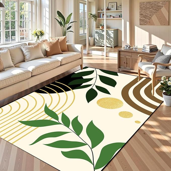 Modern Abstract Rug Geometric Area Rug Boho Green Leaf Floor Mat Soft Washable Carpet for Bedroom Living Room Kitchen Nursery Playroom Home Decor 5'x7'