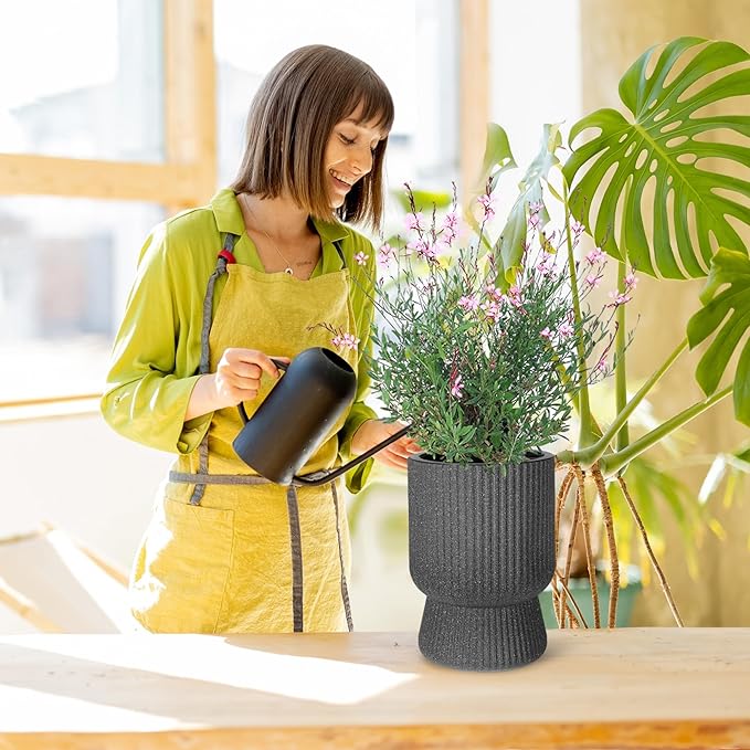 14.2" Tall Planters Set of 2, Plant Pots, Self Watering Pots for Indoor Plants, Flower Pots With Built-In Drainage and a Water Level Monitor, for Patio, Porch, Living Room, or Office, Marble Black