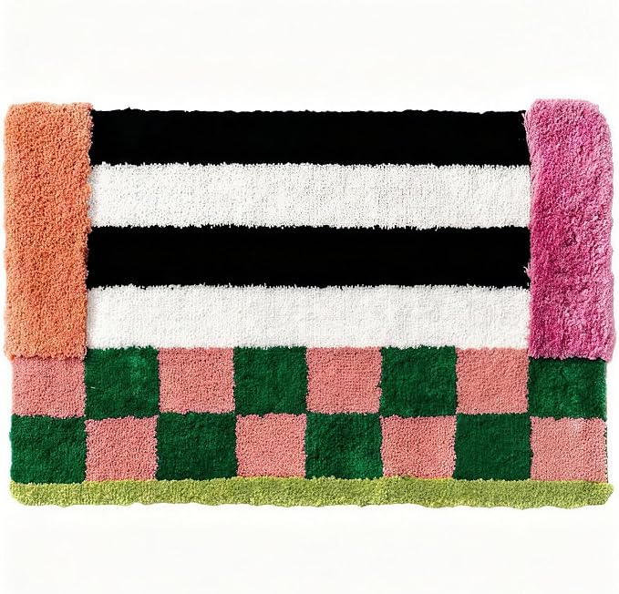 Colorful Funky Checkered Vintage Eclectic Maximalist Unique Fun Bathroom Rugs, Colorful Retro Checkered Funky Bath Mat, Dopamine Bathroom Home Room Decor (19.6"X31.4")
