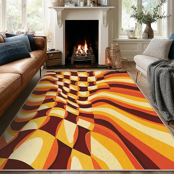 70s Retro Throw Rugs 2x3, Orange Brown Abstract Washable 2 x 3 Indoor Door Mat for Entryway, Bedroom, Kitchen, Low Pile Non Slip Stain Resistant, 70s Orange Home Decor & M827