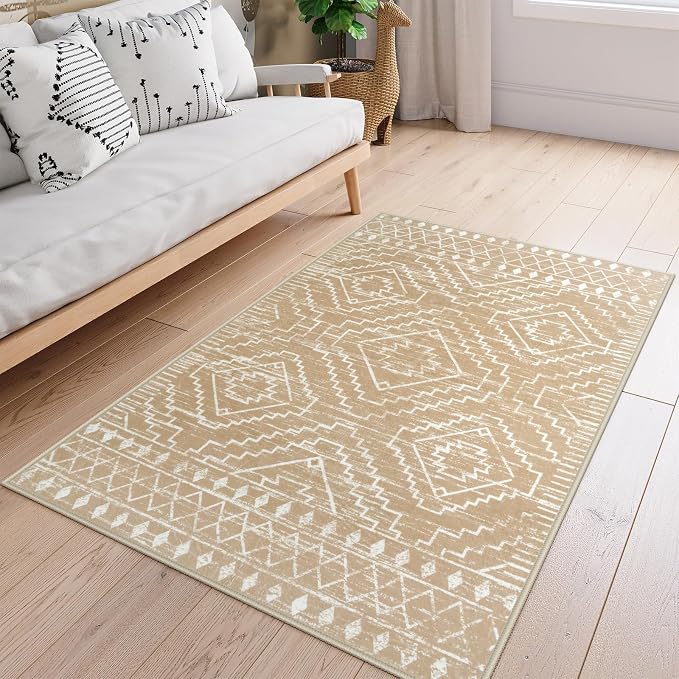 Wonnitar Moroccan Washable Area Rug 4x6, Non-Slip Rugs for Living Room, Boho Bedroom Throw Mat, Geometric Low Pile Floor Carpet for Home Office Mudroom Kitchen (Kakhi,4'x6')