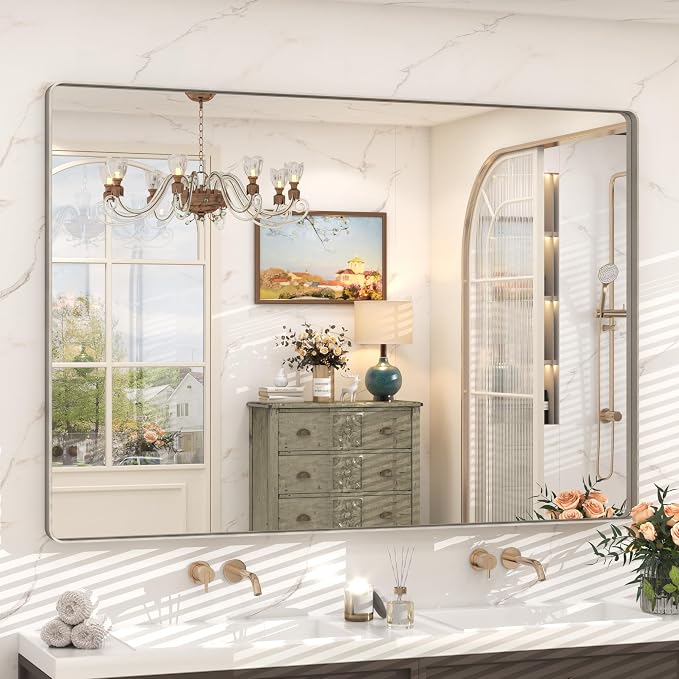55x36 Silver Brushed Nickel Bathroom Mirror for Wall, Rounded Rectangle Silver Framed Bathroom Vanity Mirror, Anti-Rust, Shatterproof, Hangs Horizontally or Vertically