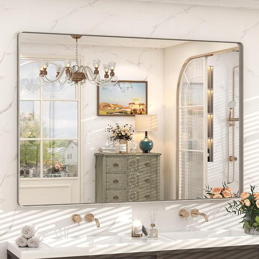 55x36 Silver Brushed Nickel Bathroom Mirror for Wall, Rounded Rectangle Silver Framed Bathroom Vanity Mirror, Anti-Rust, Shatterproof, Hangs Horizontally or Vertically