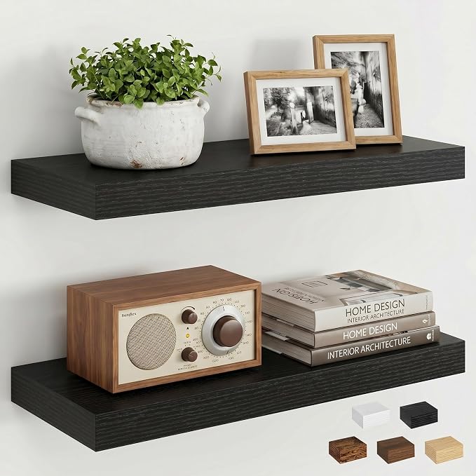 Dreamland 18" Floating Shelves, Rustic Wooden Black Wall Shelves for Bathroom|Bedroom|Kitchen, Deep Wall Mounted Book Shelf, Wood Storage Display Shelf for Home Decor, Set of 2