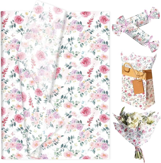 50 Sheet Pink Flower Tissue Paper Rose Floral Gift Wrapping Paper Watercolor Wildflower Patterned Tissue Papers for Gift Wrap DIY Crafts Packaging Wedding Bithday Party Supplies