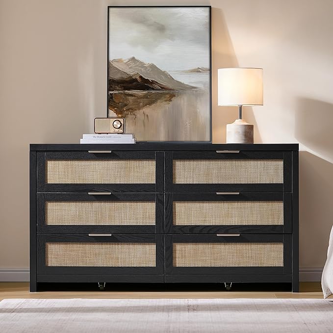 SICOTAS Rattan Dresser for Bedroom, 57" Wide 6 Drawer Dresser with Ample Storage, Wooden Dressers Large Chest of Drawers, Closet, Boho TV Stand for Bedroom (Black Oak, 1 Piece)