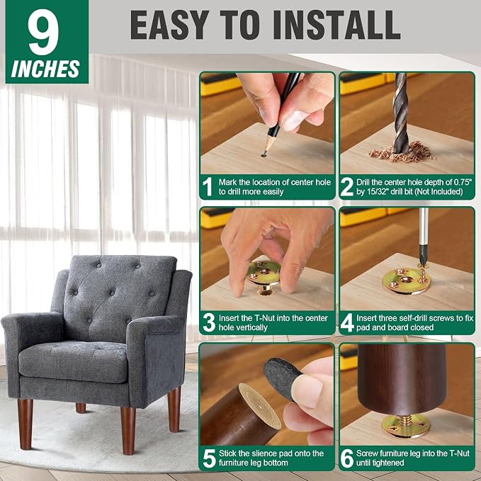 FoDau770 Brown Rubber Wood Furniture Legs 9 Inches, Straight Tapered Wood Feet Mid Century Sofa Legs Set of 4, 5/16" UNC Furniture Feet for Cabinet Couch Dresser Chair Ottoman Table