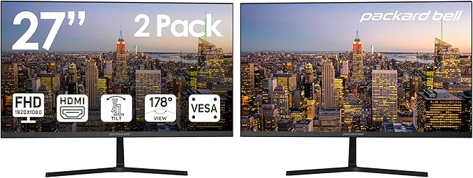 Packard Bell airFrame 27" FHD Monitor, 1920x1080, Ultrawide, VESA Mount, Tilt Adjust, HDMI/VGA, Slim Bezel, for Home, Office, and Light Gaming - 2 Pack