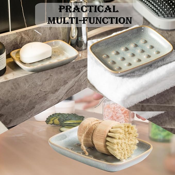 Soap Dish for Shower, Ceramic Soap Dish for Large Soap Bars, Non-Slip Soap Holder & Saver Tray with Floating Point Design for Bathroom, Shower, Kitchen Sink, Save Soap Loss (Pack of 2)
