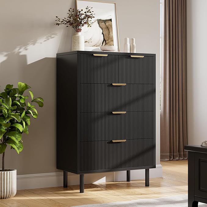 GarveeHome Black Wave Fluted 5 Drawer Dresser for Bedroom, Modern Wood Chest of Drawers with Wide Drawers, Closet Dresser Organizer with Anti-Tipping Device and Metal Legs for Hallway Entryway