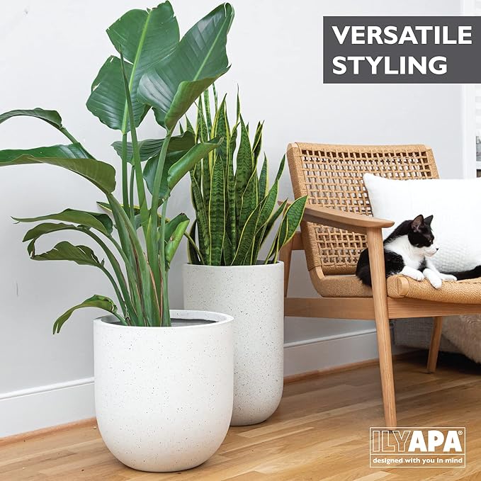 Ilyapa 14x14 inch Modern Concrete Outdoor Planter, Large Indoor Plant Pot with Drainage - Cement Vase 14 Inch Pots for Plants, Indoor/Outdoor