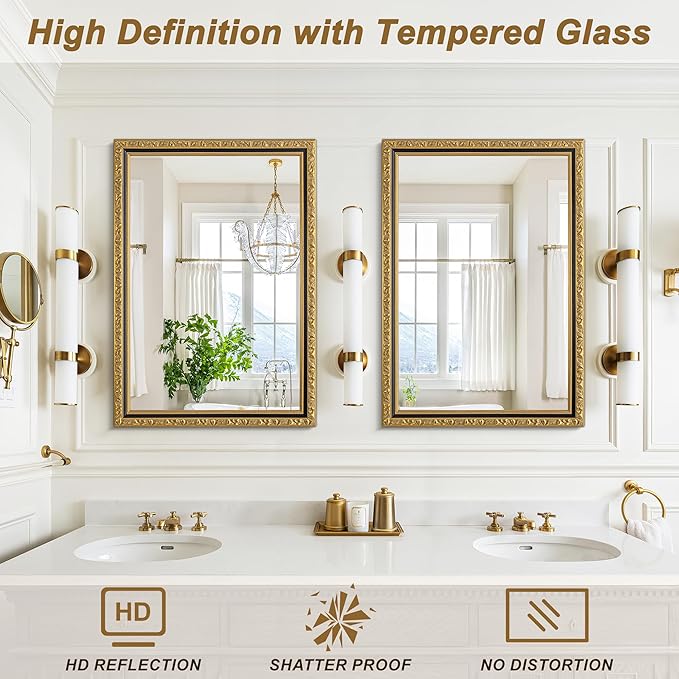 Vintage Gold Baroque Mirror, 40'' x 28'' Rectangular Ornate Antique Mirror with Carving Wood Frame, Decorative Wall Mirrors for Living Room, Bathroom, Entryway, Fireplace, Horizontal/Vertical