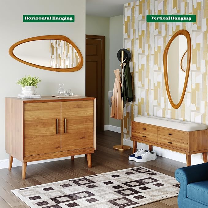 Mid Century Modern Mirror, 28x48 Inch Irregular Wall Mirror, Asymmetrical Wall Mirrors with Pine Wooden Frame for Living Room Bedroom Bathroom Entryway Hangs Horizontally or Vertically
