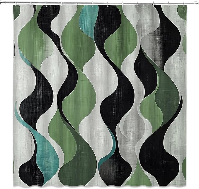 Mid Century Shower Curtain Boho Minimalist Modern Abstract Aesthetic Geometric Striped Atomic Retro Earthy Fabric Bathroom Decor Set with Hooks(84" Wx70 H)