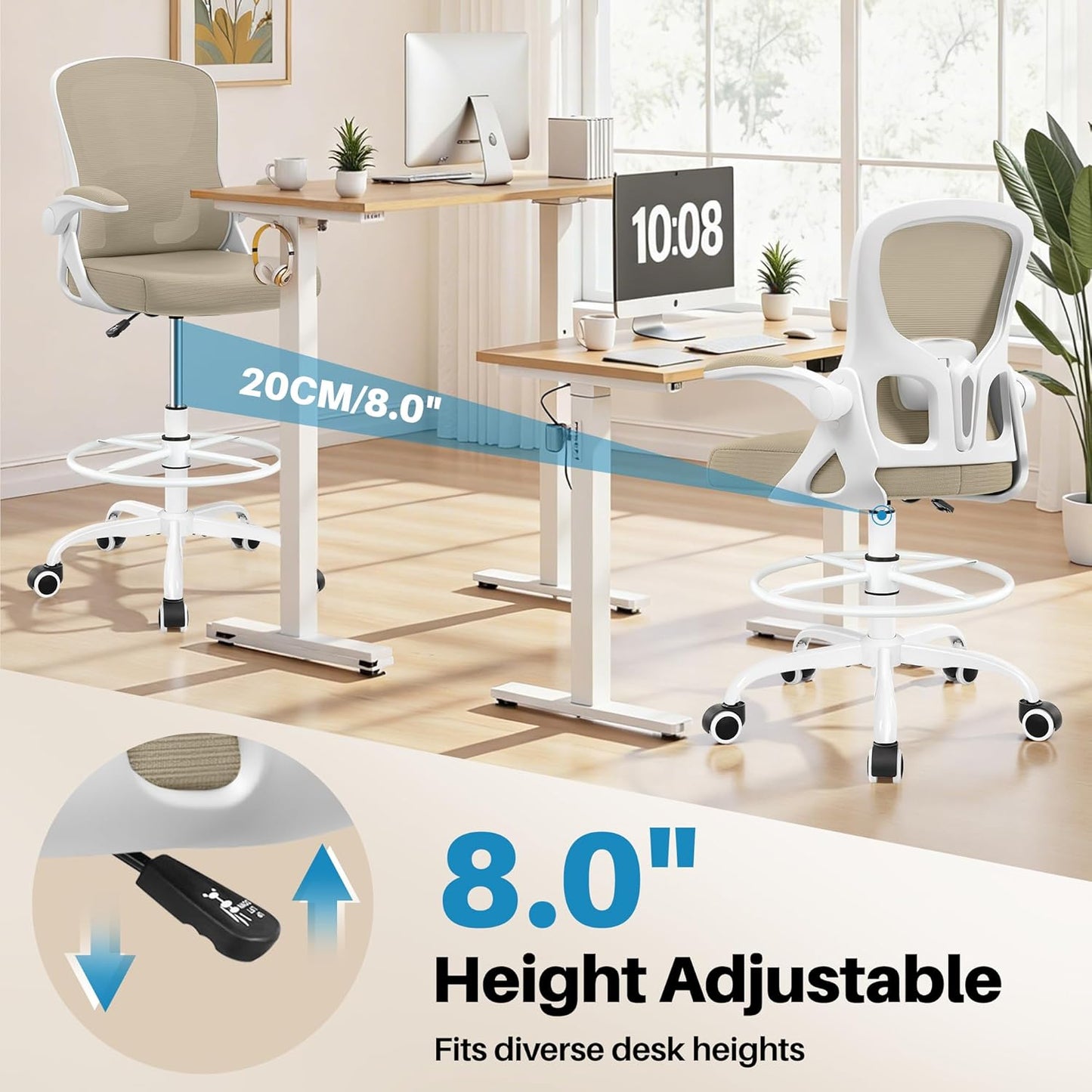Skiennix Drafting Chair - Ergonomic Tall Office Stool with Lumbar Support & Flip-Up Arms | Khaki