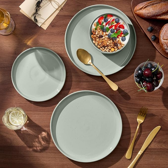 E-far 6-Piece Stoneware Dinnerware Sets, Plates and Bowls Sets for 2, Ceramic Dishware Dishes Set with Terracotta Base, Chip & Scratch Resistant, Microwave & Dishwasher Safe, Speckled Green