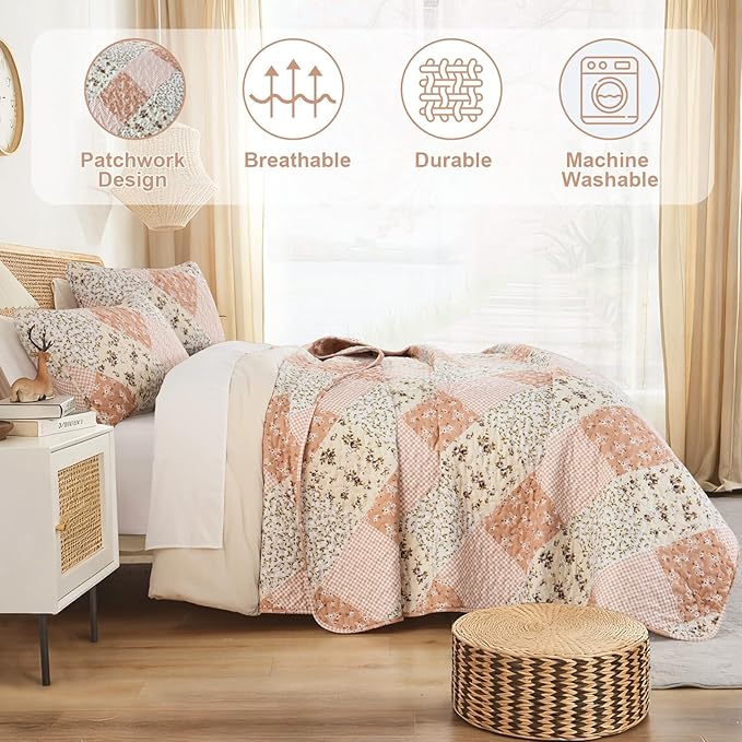 Dinjoy Pink Quilt Set Queen Size, Reversible Floral Plaid Patchwork Pattern Bedding Set Soft Microfiber Lightweight Bedspread Coverlet 3 Piece Spring Summer Use (90x96 inches)