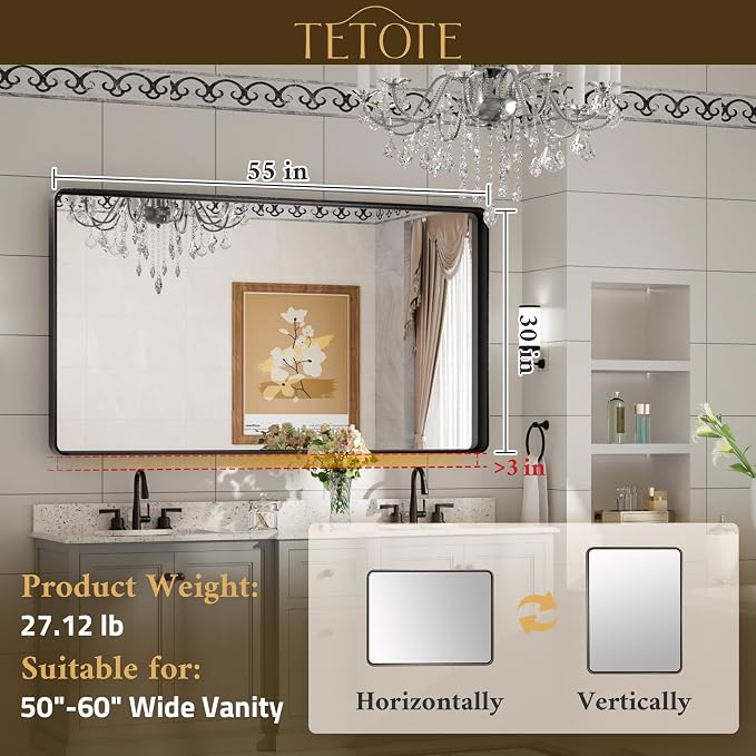 TETOTE 55 x 30 Inch Bathroom Mirror, White Modern Metal Frame Rectangle Modern Farmhouse Wall Mounted Vanity Mirror with Sandy Textured Surface(Horizontal/Vertical)