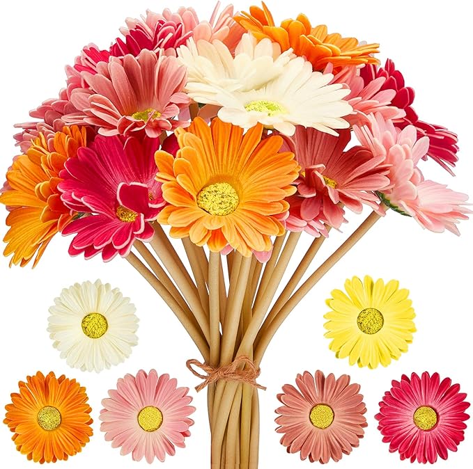 WILLBOND 24 Pieces Artificial Gerbera Daisies Flowers Fake Daisy Faux Boho Daisy Flowers Bouquet 15 in for Boho Birthday Decorations Wedding Home Decor (White,Pink,Yellow,Orange,Rose,Coral)